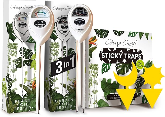 Classy Casita Plant Care Bundle: Soil Moisture Meter - White, 3-in-1 Garden Soil Tester - White, 24-Pack Plant Sticky Traps, for Indoor & Outdoor Plants w/Plant Watering & Care eBook