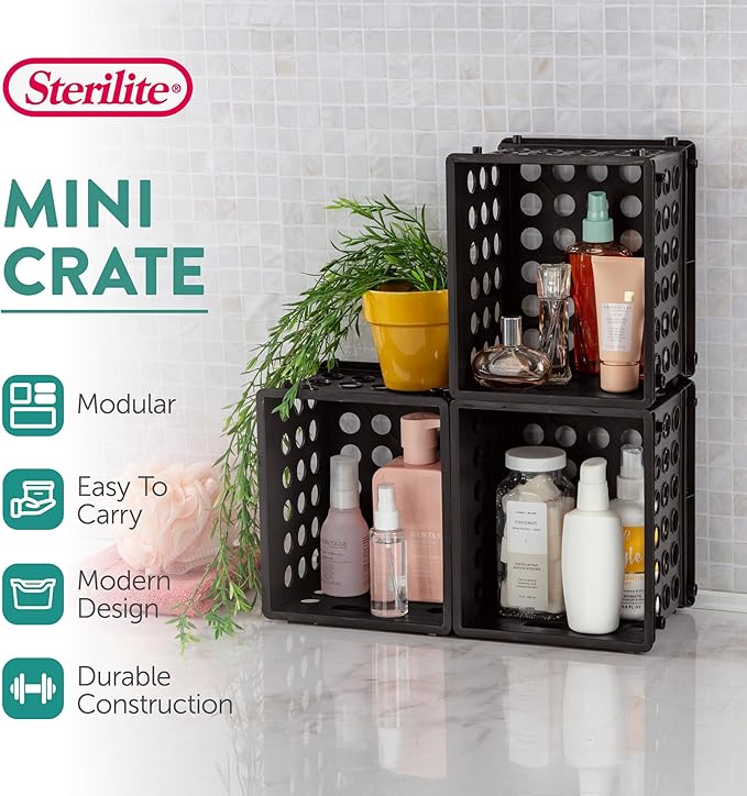Sterilite Mini Crate, Stackable Plastic Storage Bin with Handles, Organize Home, Garage, Office, School, Dorm Room, Black, 12-Pack