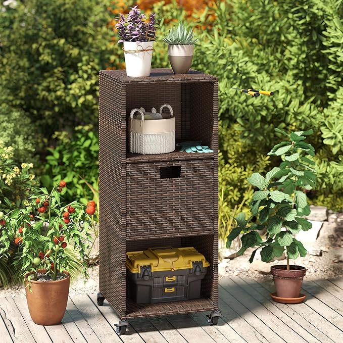 RELAX4LIFE Wicker Outdoor Storage Cabinet - Rattan Pool Towel Rack on Wheels w/Shelves and Drawer, Tall Patio Furniture Outside Caddy Organizer for Porch Deck, Garden Tool & Hot Tub Accessory Storage