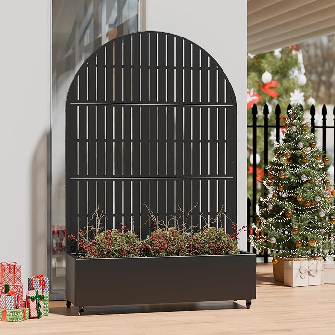 Casaphoria Metal Raised Garden Bed with Trellis and Wheels, 72"x47"x16" Arched Planter Box for Climbing Plants, Vegetables & Vines, Features Drainage Holes and Privacy Screen (Black-Fence)