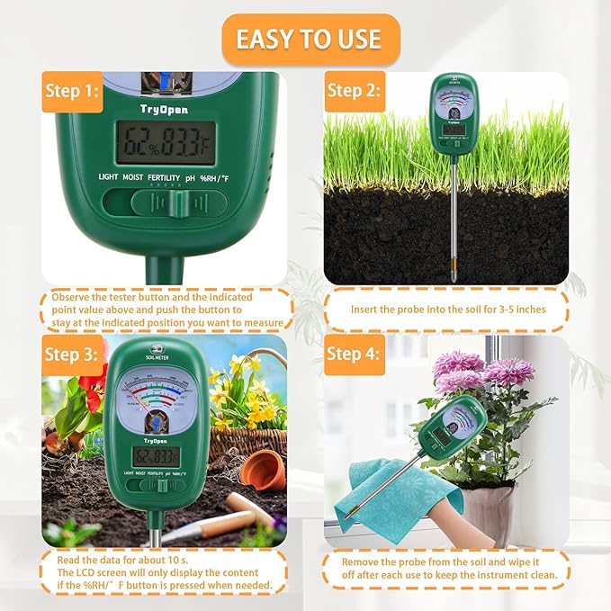 7-in-one Soil Test Kit, Soil Moisture Meter/PH Meter/Sunlight Intensity/Fertility Soil Tester, LCD Display Air & Soil Hygrometer Temperature for Garden, Farm, Lawn Care Moisture Meter for Hous Plants