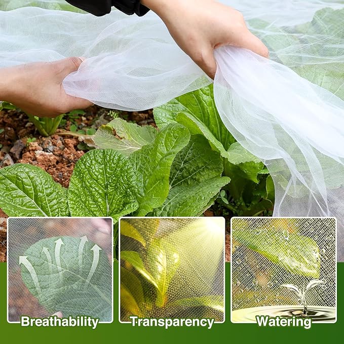 Garden Mesh Netting Kit, 10 * 25FT Ultra Fine Plant Netting Mesh Covers，Row Cover Net Protection for Tree Fruit Barrier Vegetable Fruits Flowers Shrubs Plant Covers Net