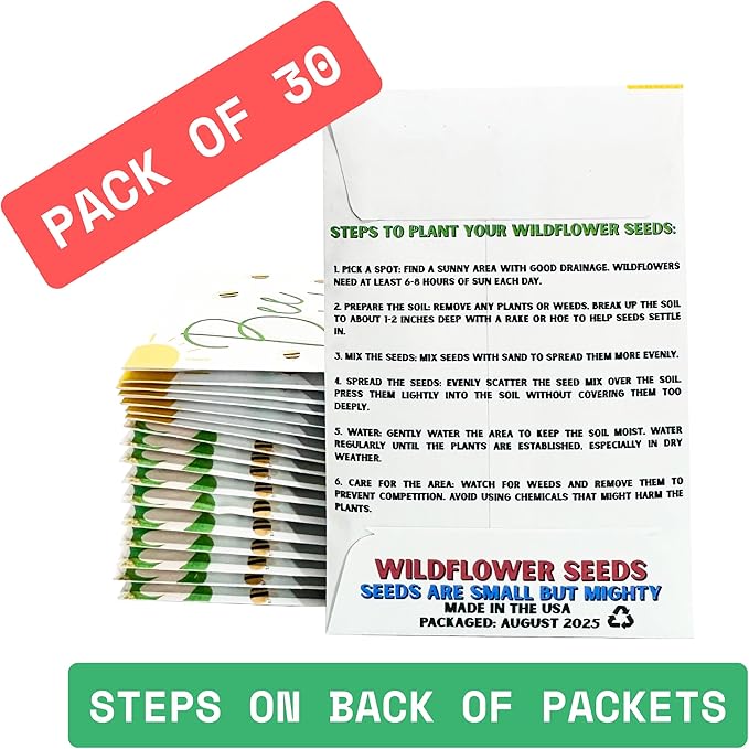 Wildflower Seed Packets Bee Kind Party Favors (Pack of 30) - Bee Friendly & Pollinator Wildflower Seed for Planting Gardening