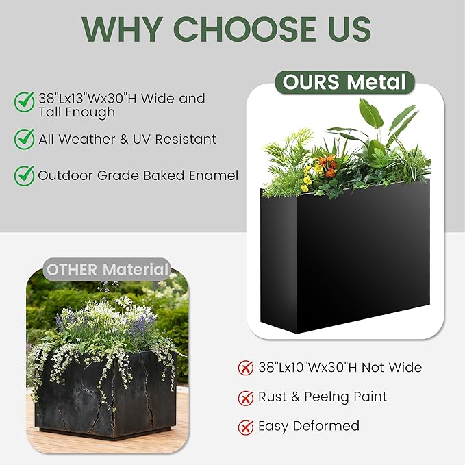 Tall Rectangular Planter,38" L x 13" W x 30" H Metal Large Planter Box with Removable Shelf,Durable Galvanized Steel,Tall Outdoor Planters for Patio,Porch Garden, Yard