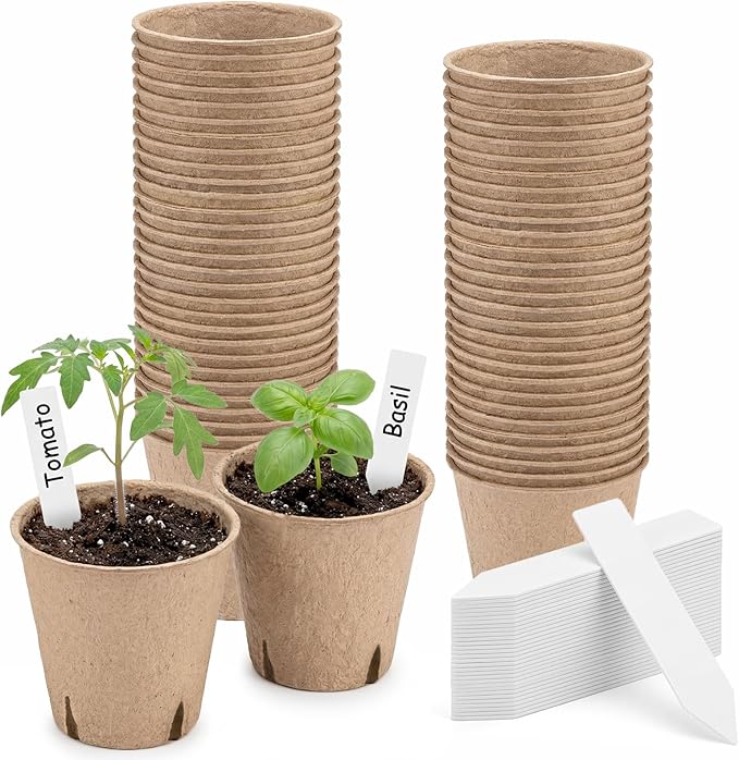NEWMIAO 60 Pack 3.15 Inch Peat Pots, Biodegradable Seed Starter Pots for Seedlings with Drainage Holes, Germination Nursery Pots Kit Including 100 Plant Labels for Gardening (Round-60pcs)