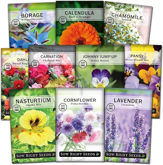 Sow Right Seeds - Edible Flower Seed Collection for Planting - Individual Packets Nasturtium, Pansy, Lavender, Chamomile, Calendula, Violet, and Borage, Non-GMO Heirloom Seed to Grow a Flower Garden