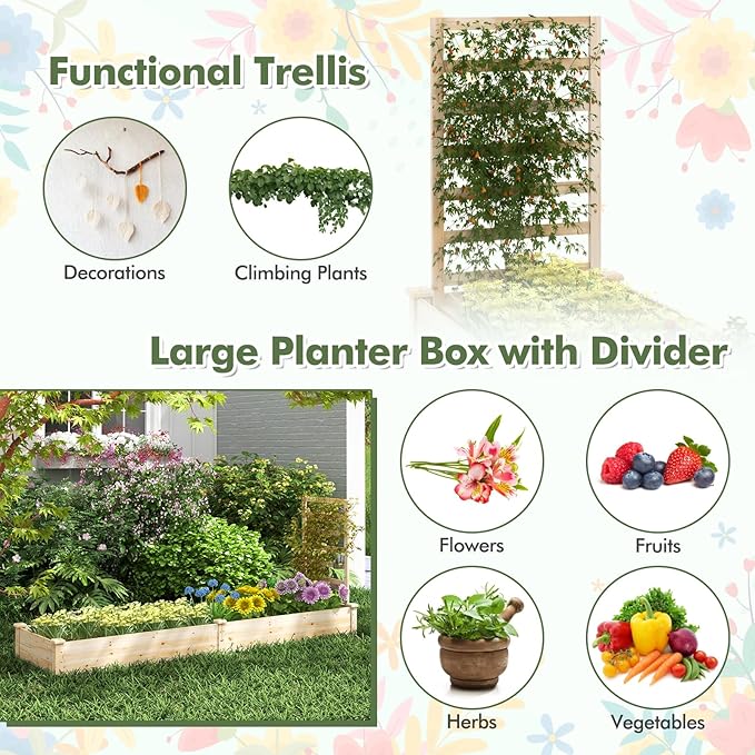 HAPPYGRILL Raised Garden Bed with Trellis, Wooden Garden Box with Divided Space for Vegetables, Flowers, Fruits, Climbing Plants, Outdoor Elevated Planter Box for Yard Patio, 93”L x 25”W x 40”H