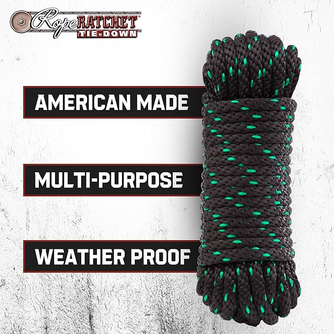 Rope Ratchet 1/2" 50 ft Braided Polypropylene Utility Cord, Weather Resistant Indoor Outdoor for Gardening, DIY Projects, Securing Loads, Binding, Knot Tying, Tarp Use, 500 lb Capacity - Black/Green