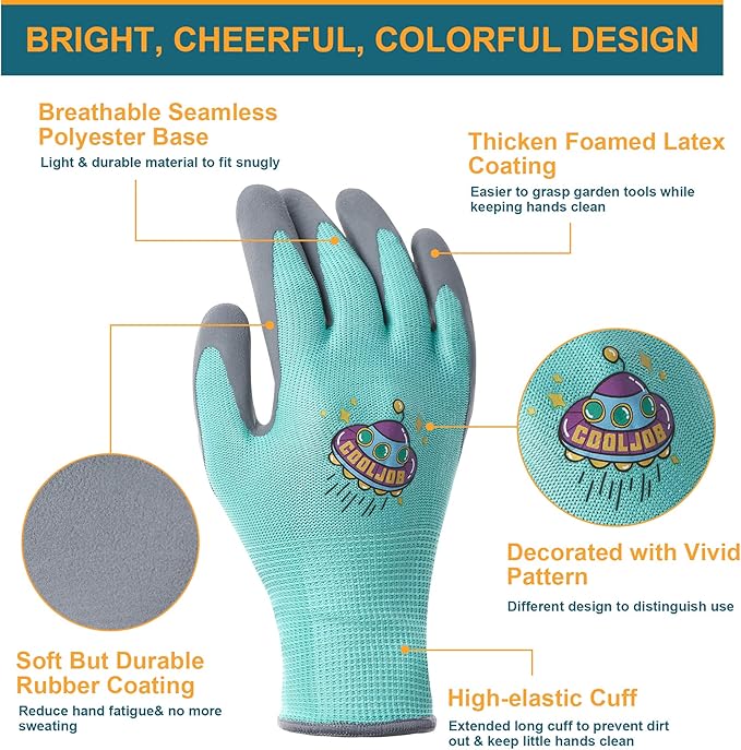 COOLJOB 36 Pairs Kids Gardening Gloves for Little Kid Age 9-12, Toddler Boys Girls Grippy Rubber Coated Children Work Gloves, Assorted Colors, Large