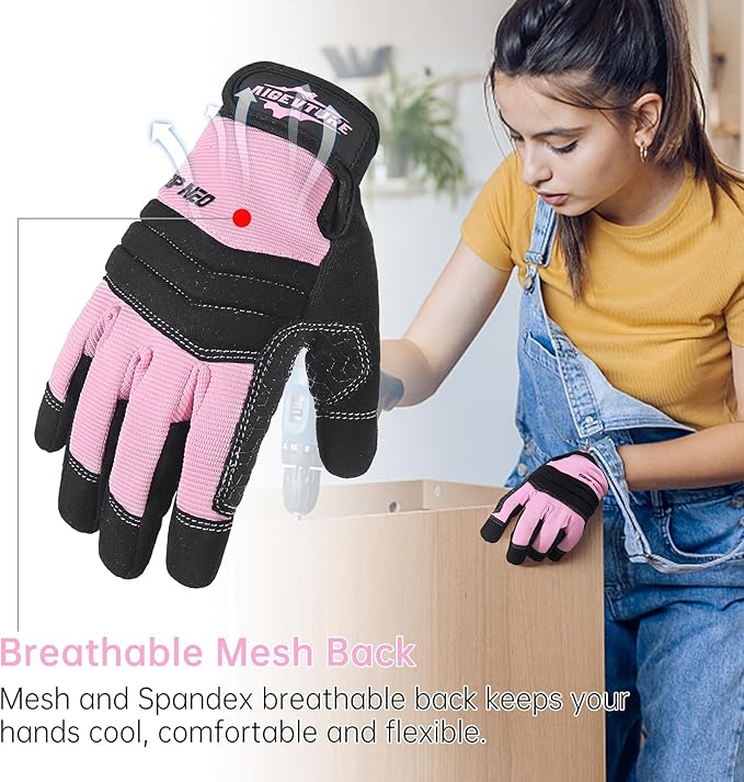 Women's Work Gloves with Grip, Flexible Breathable Yard Gloves - Pink Medium