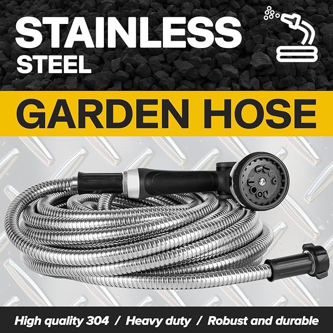Metal Garden Hose 25ft Heavy Duty Stainless Steel Water Hose with Sprayer & Metal Fittings Flexible Lightweight Hose Puncture Proof Hose for Yard, Outdoors, Rv