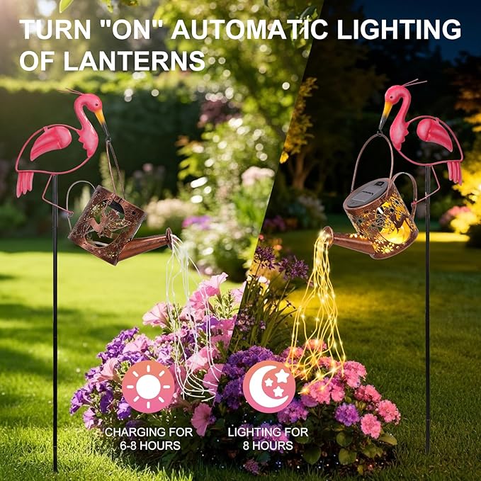 LOVERUIS Garden Statues with Solar Watering Can Lights, Cute Outdoor Garden Decor for Patio Yard Lawn Ornaments, Unique Gift for Women Mom Grandma (Flamingo)