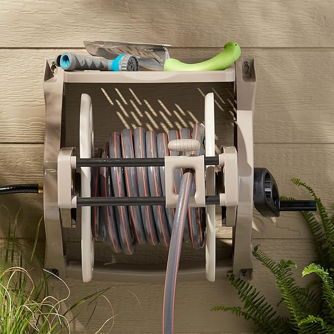 Suncast Hose Handler Wall-Mounted Reel for Outdoor Garden Storage, Light Taupe - Holds 175 ft of Standard 5/8" Vinyl Hoses, Resin Organizer with Slide Trak Guide and Accessory Tray.