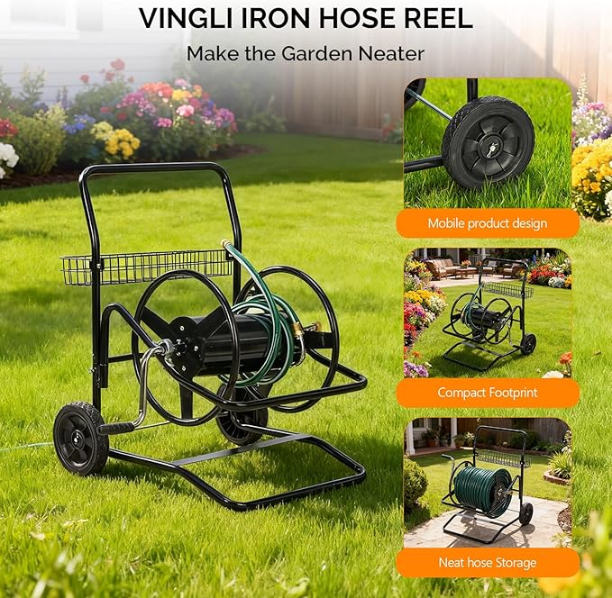 VINGLI 2-Wheel Garden Hose Reel Cart, Freestanding Water Hose Reel for Outside with Heavy Duty Portable Rolling Design Metal, 200FT Capacity for 3/4" Hose for Outdoor Use (Black)