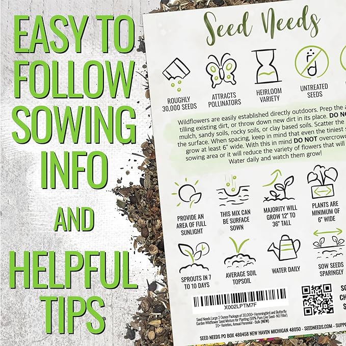 Seed Needs Bulk Wildflower Seeds Hummingbird & Butterfly Seed Mix | 1/4 Pound Total No Filler 23 Varieties Garden Seeds Annual & Perennial Species | Pollinator Friendly Flowering Seed