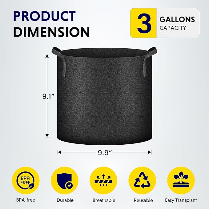 iPower 3 Gallon 5 Pack Grow Bags Nonwoven Fabric Pots Aeration Container with Strap Handles for Garden and Planting, 5-Pack Black, 3 Gallon