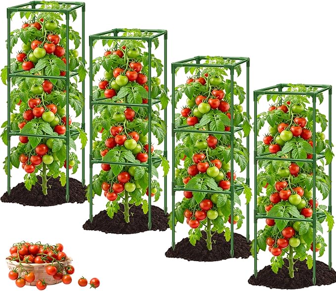 4 Pack Square Tomato Cages for Garden, 45 Inch Adjustable Tomato Stakes, Metal Tomato Trellis, Garden Plant Support for Potted Climbing Plants, Vegetables Flowers Fruits, Raised Garden Bed