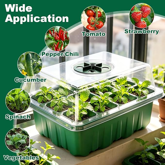 Seed Starter Tray Kit, 12 Pack 144 Cells with Humidity Dome, Reusable Seedling Trays with Drainage Holes, Plant Germination Kit with Labels & Tools for Mini Greenhouse Propagator Indoor Garden