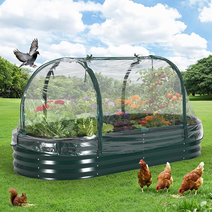 Garvee Large Oval Galvanized Raised Garden Bed Kit with Cover Zippered Screen Doors, Open Base Design, Thick Steel, Easy Assembly, Planter Box for Vegetables, Flowers