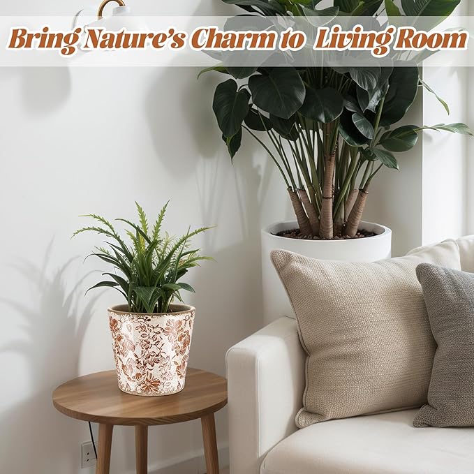 Beeveer Farmhouse Ceramic Planter 5.5 Inch Large Plants Pot Crack Beige Brown Flowers Plant Pots with Drainage Hole Indoor Plants Kitchen Rustic Antique Decor Gift