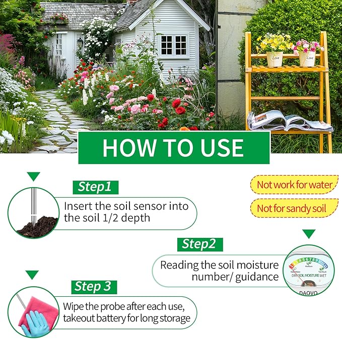 Soil Moisture Meter, Moisture Meter for Plants with Large Screen, Soil Hygrometer & Soil Test Kit with Light, Essential Garden Tools for Indoor Outdoor House Plants, Garden, Lawn Care-White