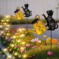 Garden Decor for Outdoor - Solar Watering Can with Lights, Metal Cat Silhouette Stake with Cascading Waterfall LEDs, Waterproof Yard Art for Lawn Patio, Unique Gardening Gifts for Women Mom 2 Pack