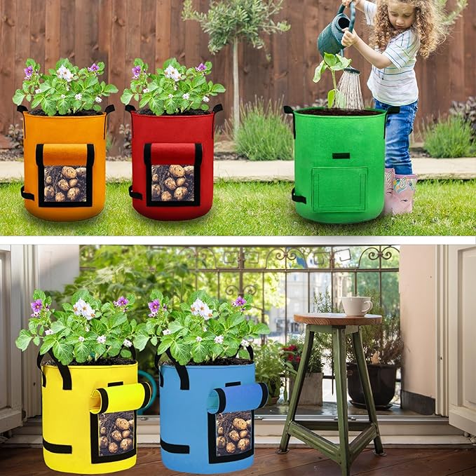 5Packs 10Gal Colorful Potato Grow Bags, Heavy Duty Potato Bags for Growing Potatoes, Potato Planter, Non-Woven Fabric, Muticolor