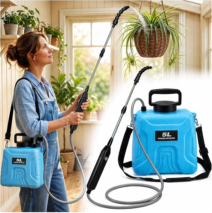 High Reach Plant Waterer with Spray Can - Electric Water Sprayer with Telescopic Wand and Water Hose, 180° Adjustable Nozzle 5L Watering Can for High Hanging Plants