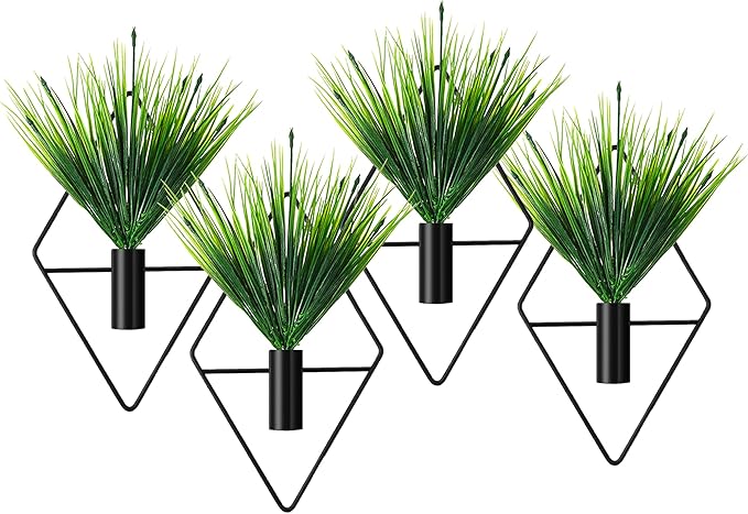 2 Pack Black Wall Decor Hanging Planters with Artificial Plants Metal Hanging Vase Indoor Plants Holder Modern Boho Wall Art for Bathroom Bedroom Living Room Office (Black, Aquatic Plant)