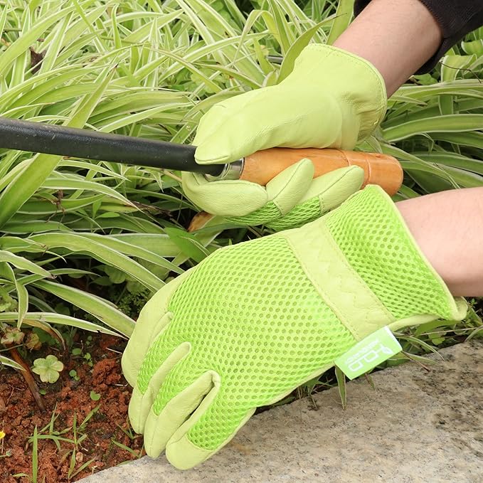 KONGOUARD Women Leather Gardening Gloves, 3D Mesh Breathable Weeding Gloves for Yard Work