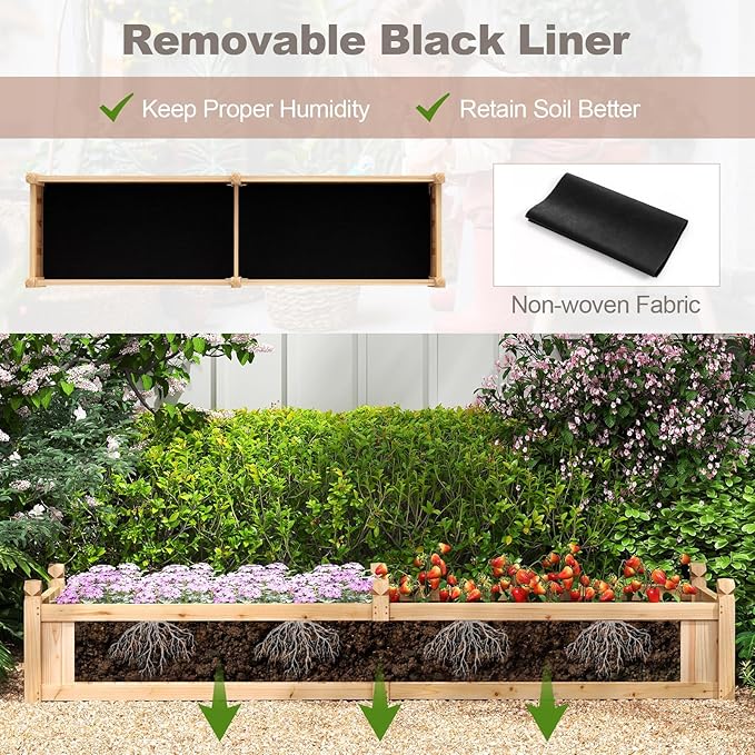 Giantex Wood Raised Garden Bed, Planting Bed with Corner Drainage, Non-Woven Liner for Growing Vegetables, Flowers, Herbs, Fruits, 89”x23.5”x16” Divisible Planter Box for Backyard, Garden, Lawn