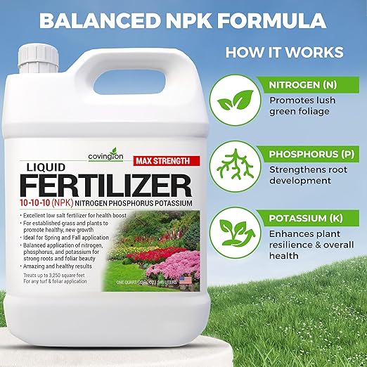 Covington 10-10-10 NPK Liquid Fertilizer (32oz) All Purpose Liquid 10 10 10 NPK - Lawn Food with Nitrogen Phosphorus Potassium Concentrate for Lawns, Outdoor & Indoor Plants, Vegetable Gardens