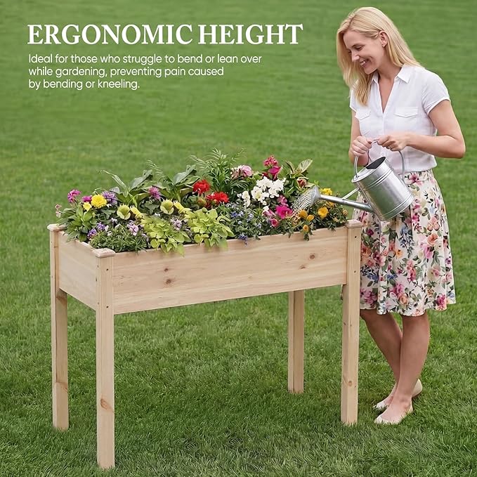 DUMOS Raised Garden Bed with Legs, 34x18x30 Inch Planter Box Outdoor with Liner for Herbs Flowers Vegetables, Elevated Wooden Garden Bed for Patio, Balcony and Backyard, Natural Wood