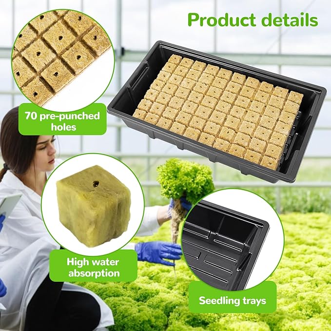 1" Rockwool Cubes for Hydroponics - 2 Sheets Garden Stonewool Grow Cubes Ideal for Clone Plant, Starting Seed, Cuttings Propagation, Total 140 Rapid Rooter Plugs and 2 Seedling Starter Trays