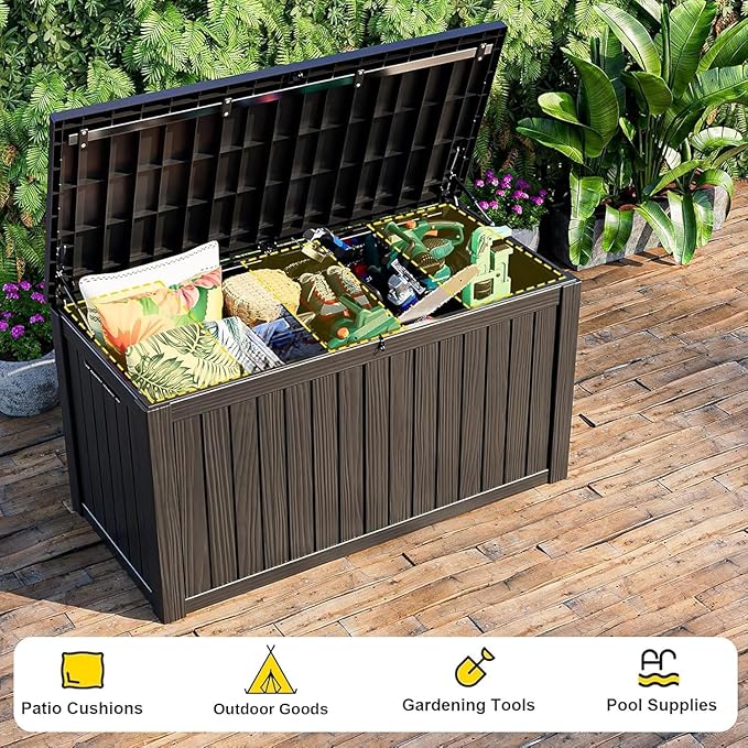Vixzen 75 Gallon Resin Deck Box, Lockable Outdoor Storage Box for Patio Cushions Storage Furniture,Garden Tools, Pool Supplies, Weatherproof and UV Resistant（Black，75 Gallon）