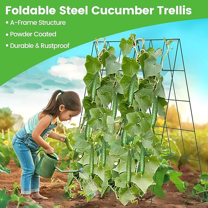 Foldable Cucumber Trellis - 4 Pack, A-Frame Garden Trellis 46" L x 18" W, Steel Climbing Plants Support Raised Bed Trellis with Twist Ties & Plant Bags for Climbing Plants Outdoor