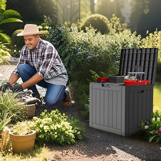 Outdoor Storage Box 35 Gallon, Deck Box Waterproof, Small Storage Bins with lids, Weatherproof Resin Lockable Storage for Secure Package Deliveries & Indoor Storage in Garden or Patio, Yard