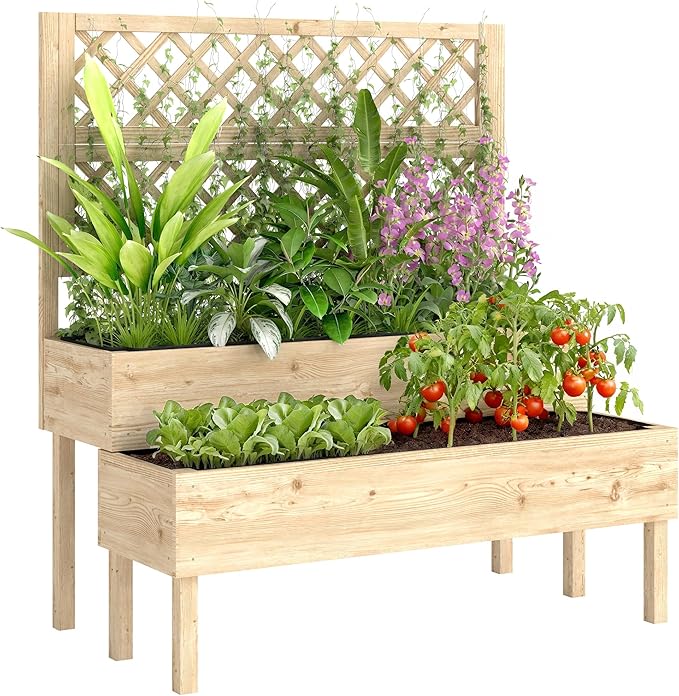 Outsunny 2-Tier Raised Garden Bed with Trellis, Wooden Elevated Planter Box with Drainage Gaps, Liners, Trellis Planter for Climbing Plants, Flowers, Herbs, 42.5" x 24.4" x 47.2", Natural