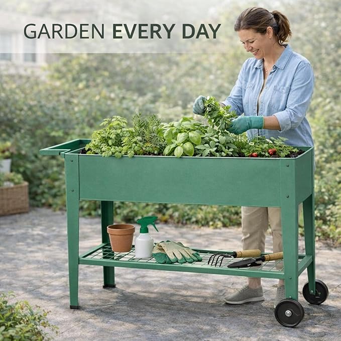 InSideOut Elevated 40" Raised Garden Bed Outdoor with Wheels & Shelf for Mobility, Metal Planter Box for Vegetables/Herbs, Patio-Balcony-Backyard (Sage Green)