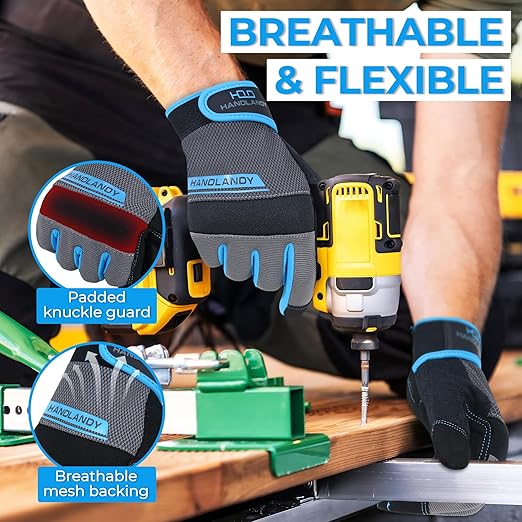 HANDLANDY Work Gloves Mens & Women, Utility Safety Mechanic Working Gloves Touch Screen, Flexible Breathable Yard Work Gloves (Small, 3 pairs Grey)