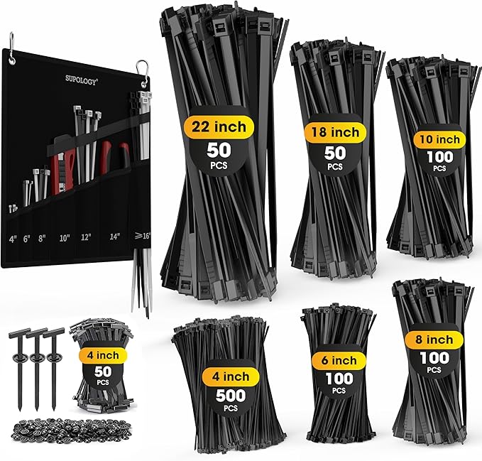 Zip Ties Assorted Size, 950 PCS Heavy Duty Wire Plants Ties with Oxford Ties Organizer, Up to 300 LBS and 22 Inches, Best Zip Ties Buckle Set for Farm, Home, Repair, Building, Gardening Work