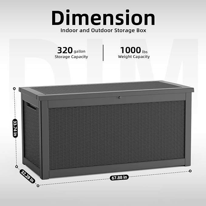 ROJIK 320 Gallon Waterproof Outdoor Deck Storage Box, Lockable Resin Patio Storage Bin with Lid for Garden Tools, Patio Cushions & Outdoor Accessories(Black)