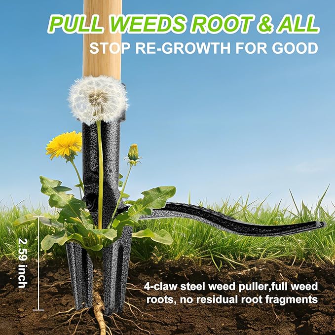 Stand Up Weed Puller Tool - 4-Claw Steel Head, 31"-44.5" Adjustable Long Handle, Heavy Duty Garden Weeder with Foot Pedal, Easy Root Removal for Lawn, Yard, Garden & Flower Bed