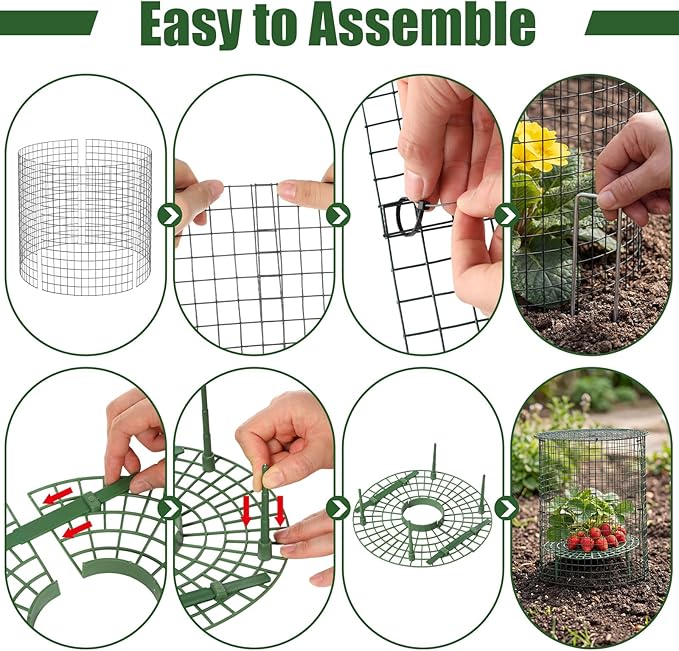 BreezeHug 6 Sets Plant Protectors from Animals with Strawberry Supports, 12x14 Inch Wire Plants Protector Cages with Detachable Covers & Zip Ties & Stakes for Strawberry Flower Vegetable Protection