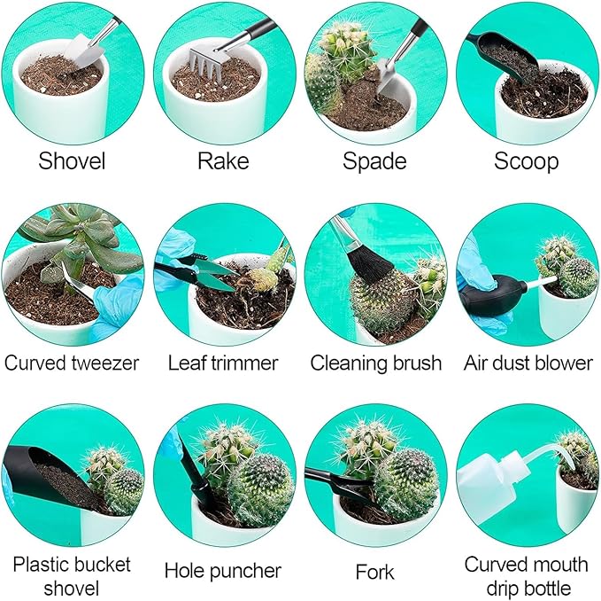20pcs Small Gardening Tools Gifts for Women Beginners - Garden Hand Tools Set for Indoor Succulent Bonsai Plants Transplanting, Included 39.4" Plant Repotting Mat/Miniature Shovel/Labels, Green