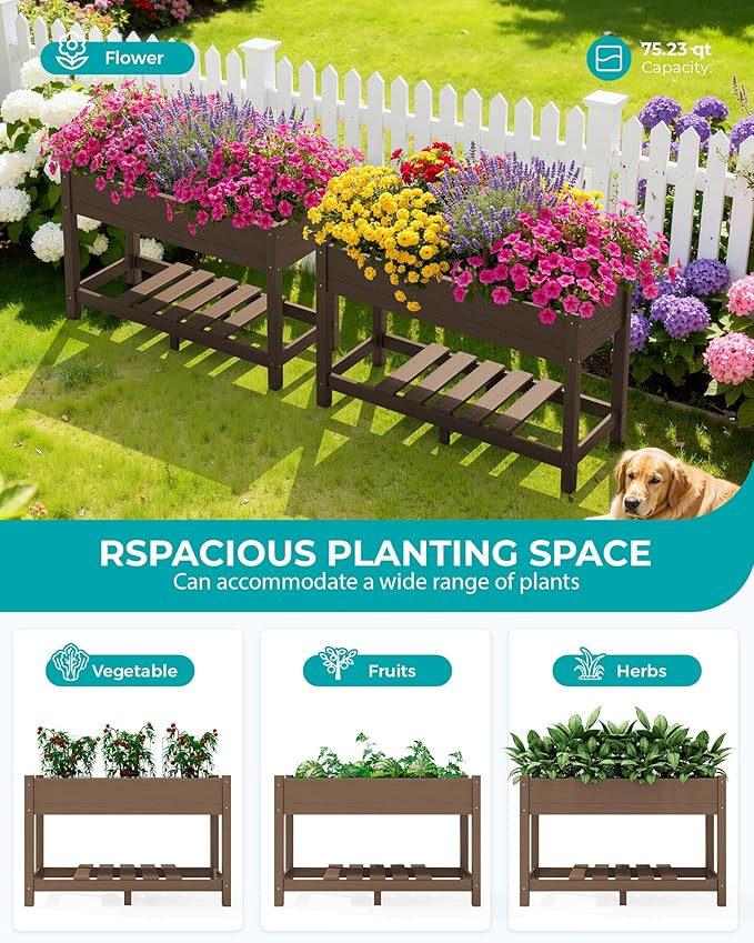 SERWALL Raised Garden Bed with Legs Set of 2, 43"×17"×30" Large HDPE Elevated Planter Box for Vegetables Flower Herb Patio, All Weather Use- Brown