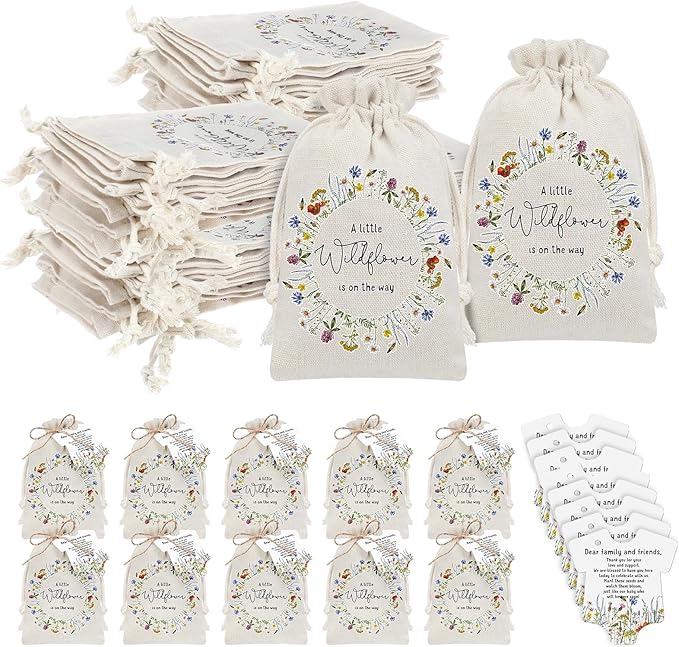 Fumete 50 Sets Wildflower Baby Shower Seed Packets Party Favors for Guests Baby in Bloom Favors Decorations Burlap Bags with Drawstring Thank You Cards and Twine, No Seeds (Wildflower)