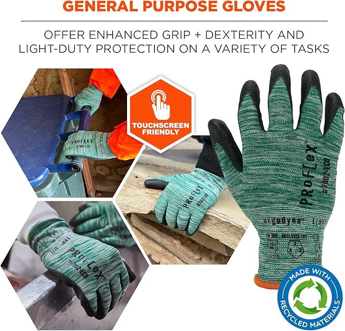 Ergodyne ProFlex 7002-ECO Work Glove, Recycled PU Coated Palms Gloves, Post Consumer Materials, 15 gauge, 12-Pack