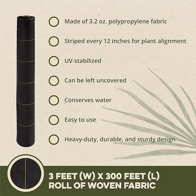 DeWitt Sunbelt Weed Barrier Fabric 3.2 oz, 3 x 300 Feet – Heavy-Duty Ground Cover Mat for Greenhouse Floors, Garden Rows, Raised Beds, Yard Gardening, and Outdoor Landscape Protection