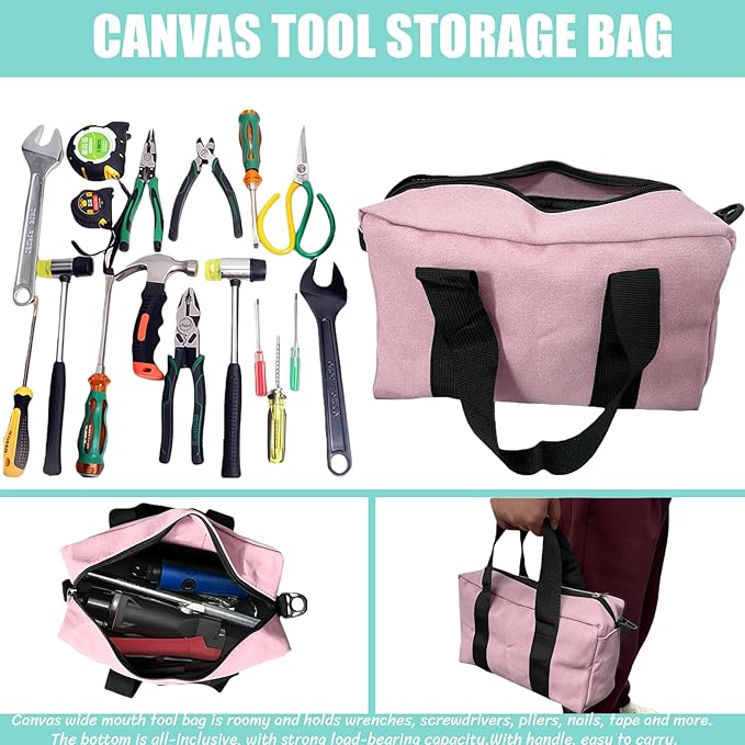 BLIRITEL 14 Inch Wide Mouth Tool Bag, Heavy Duty Canvas Tool Storage Bag, Large Capacity Handbag, Multi-function Tool Organizer Tote Bag for Storage Wrenches Pliers (Pink, 14 Inch)